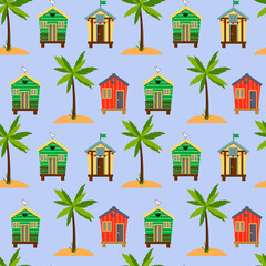 Pattern with beach houses and palm trees. Summer illustration of a seaside holiday. Vector illustration on a light blue background. For use in a variety of designs - scrapbooking, wrapping paper