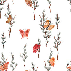 Pattern with bright cute butterflies and willow, in watercolor style! - 419293001
