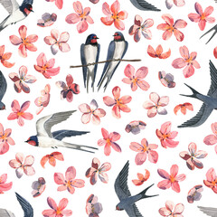 Watercolor pattern with cute swallows and sakura. On a dark background. - 419293003