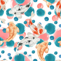 Seamless pattern with Japanese theme in watercolor style. Watercolor carps. Japanese elements. - 419293208