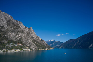 Obraz premium Town Limone Sul Garda, Lake Garda, Italy. Panoramic aerial view of the historic part of the city limone sul garda.