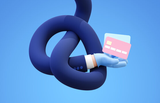 Cartoon Character Hands In A Rubber Medical Gloves And In A Blue Business Jacket, Knotted, Holding Bank Cards, Isolated On Blue Background. 3D Render. Elements For A Business Concept.