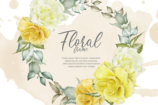 Yellow Floral Wreath Background With Watercolor Splash