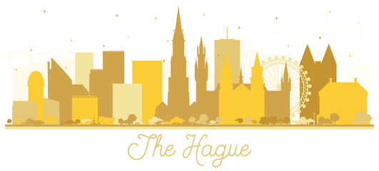 The Hague Netherlands City Skyline Silhouette with Golden Buildings Isolated on White.