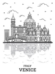 Obraz premium Outline Venice Italy City Skyline with Historic Buildings and Reflections Isolated on White.