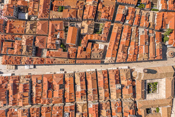 Aerial overhead drone shot of stradun street in Dubrovnik old town in Croatia summer