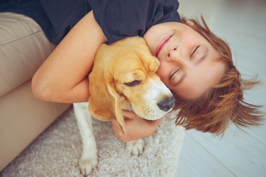 Happy boy and dog Beagle hugs her with tenderness, smiles, looks at the camera at home. Pets. Emotions of people. Childhood. Life style. Animal care. High quality photo.