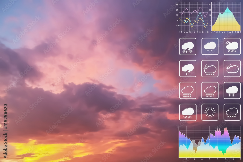 Wall mural weather forecast symbol data presentation with graph and chart on dramatic atmosphere panorama view 