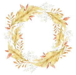 Watecolor fall golden floral wreath. Autumn dusty branches and leaves, pampas grass. Boho bridal shower, baby shower, Wedding invite.