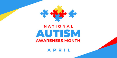 National autism awareness month. Vector banner, poster, flyer, greeting card for social media with the text National autism awareness month April. Illustration with Puzzles on white background.