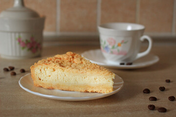 Delicious tender crumbly piece of cottage cheese pie