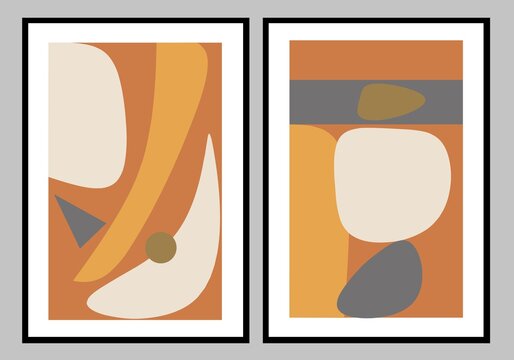 Set two of abstract Geometric mid century modern wall art. Brown neutral color Scandinavian wall decor. Minimalist design of wall decorations. Vector Ilustration.
