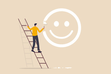 Happiness and positive thinking, optimism or motivation to live happy life concept, happy boy climb up ladder to paint smile face on the wall. - obrazy, fototapety, plakaty