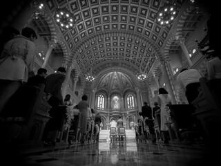 Wedding ceremony of bride and groom in church with black and white color