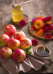 Apple and honey, traditional food of jewish New Year celebration, Rosh Hashana. Selective focus. Copyspace background