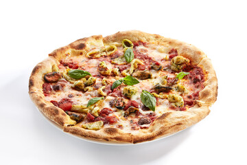 Seafood pizza with mussels and shrimps. Gourmet italian pizza isolated on white background.