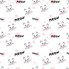 Cute kitty muzzle pattern. Seamless pattern on white background. Use for background or printing on fabric. Vector cartoon Illustration.