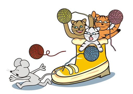 three cats at shoe and mouse, humorous vector illustration