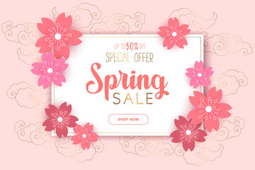 Spring sale vector banner with lettering, cherry flowers and clouds isolated on pink background. Floral design for advertising, promotion, flyer, invitation, card, poster, website