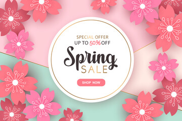 Vector spring sale round banner with pink cherry flowers and frame isolated on colorful background. Design for advertising, promotion, flyer, invitation, card, poster, website