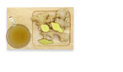 Hot Hot Ginger tea in a cup with ginger root isolated on white background : clipping path