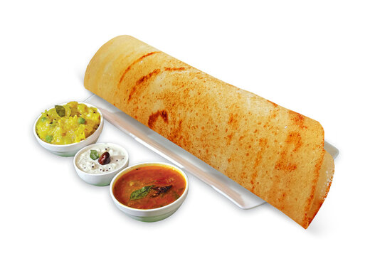 South Indian Masala Dhosa or dosa served with sambhar, coconut chutney, red chutney and green chutney, South Indian Breakfast