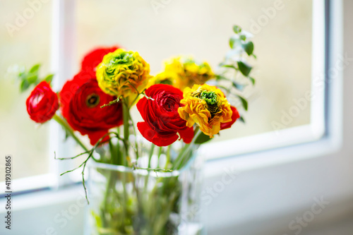 Bunch of red and yellow ranunculus flowers. Spring flowers for valentine's day, mother's day or international women's day.