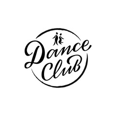 Vector illustration of dance club lettering with a silhouette of a couple for logo, advertisement, business card, signage, poster, product design. Handwritten creative text for web or print
