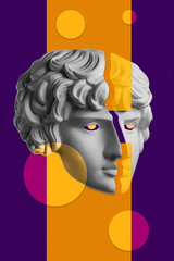 Collage with sculpture of human face in a pop art style. Modern creative concept image with ancient statue head. Zine culture. Contemporary art poster. Funky punk minimalism. Retro surreal design.