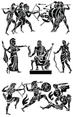 Large collection of Greek songs on a white background. Black silhouettes of the Greek heroes. Tattoos on a thematic topic.