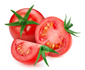 Red tomato half isolated on white background. Tomato clipping path. Tomato vegetable