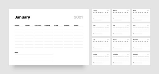 Printable weekly planner template. Business organizer page for effective planning. Twelve months for 2021. Week starts on Monday. - obrazy, fototapety, plakaty