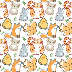 Seamless Pattern with Cute Cartoon Animal, Tiger, Koala, Squirrel, Rabbit, Fox and Duck Illustration Design on White Background