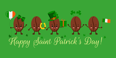 St Patrick day coffee beans on greeting card. Coffee grain smilling character in leprechaun hat with shamrock clover and gift, horseshoe, flag. Flat design cartoon style mascot vector illustration.