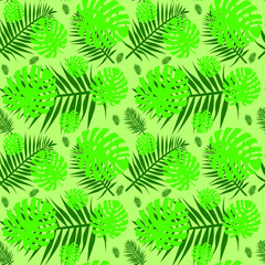 Tropical leaves on a green background, texture for design, seamless pattern, vector illustration
