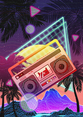Boombox 80s vaporwave tropical poster - obrazy, fototapety, plakaty