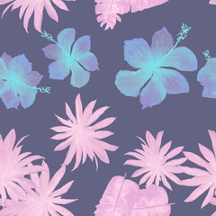 Fototapeta na wymiar Blue Seamless Plant. Coral Pattern Exotic. Navy Tropical Leaves. Indigo Drawing Background. Pink Decoration Foliage. Violet Wallpaper Illustration. Purple Banana Leaves.