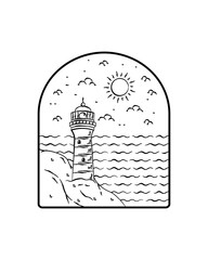 lighthouse and sea on the sky day illustration in mono line art, badge vector, T-shirt art,design vector