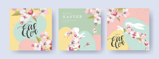 Fototapeta na wymiar Happy Easter Set of banners, greeting cards, posters, holiday covers. Trendy design with typography, spring apple flowers, dots, eggs and bunny in pastel colors. Modern art minimalist style.