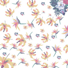 Natural Pattern Art. White Tropical Plant. Yellow Floral Vintage. Green Spring Texture. Golden Drawing Texture. Gray Flora Vintage. Beige Flower Texture.