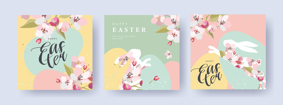 Happy Easter Set of banners, greeting cards, posters, holiday covers. Trendy design with typography, spring apple flowers, dots, eggs and bunny in pastel colors. Modern art minimalist style.