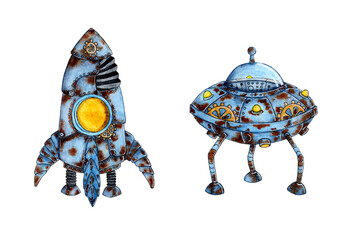Watercolor illustration set of space technology rocket and flying saucer. Fat old spacecraft. Apocalypse. Drawing for children. Isolated on white background. Drawn by hand.