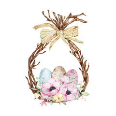 Watercolor Easter wreath. Spring tree branch with bouquet and Easter eggs