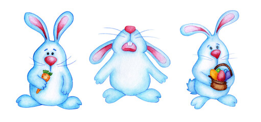 Watercolor illustration set of Easter blue rabbits. Cute cartoon hares drawing for children. Easter, tradition, religion. Isolated on white background. Drawn by hand.