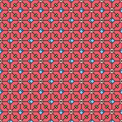Seamless abstract pattern from a contour black grid with curly cells, a scattering of small colored squares and rhombuses, carmine pink background.