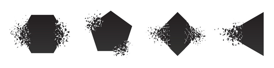 Shape shattered and explodes flat style design vector illustration set isolated on white background. Pentagon, triangle, rhombus, hexagon shapes in grayscale gradient explosion.
