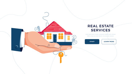 Real estate agency landing page template. Broker's hand giving house keys for home purchase. Deal sale, property purchase, estate agency servise concept for web site design. Flat vector illustration