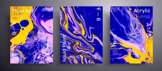 Abstract liquid banner, fluid art vector texture set. Beautiful background that can be used for design cover, poster, brochure and etc. Navy blue, yellow and pink universal trendy painting backdrop