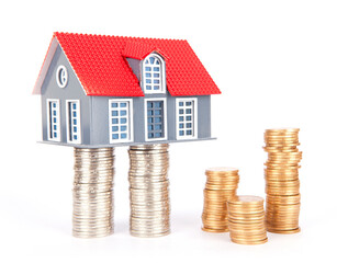 A model of a house raised by coins