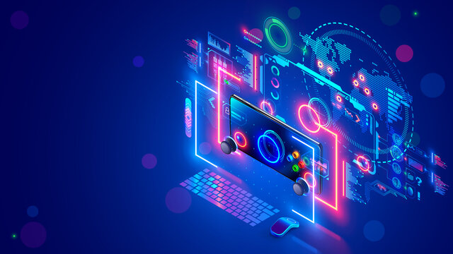 Online computer or mobile video games concept banner. E sports. Desk of computer gamer. Monitor screen, mobile phone hover near holographic of game interface, connected gaming servers on virtual map.